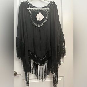 Favlux Handmade Black Open-Front Crochet Fringe Kimono – Size L